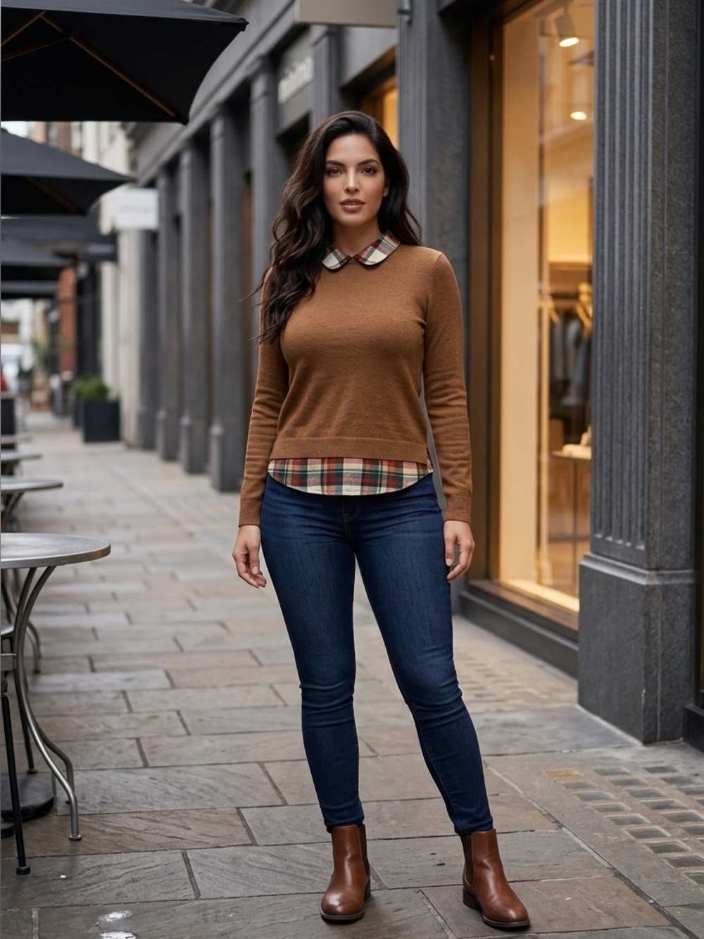 J.Crew Brown Layered Look Tartan Plaid Collar Sweater Tee Women’s Small